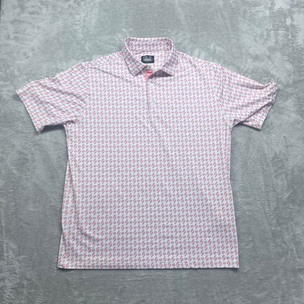 GLG Polo Shirt Mens XL White Pink Blue Beach Ball Flip Flop Print Performance
